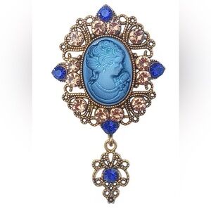 Vintage Blue Cameo Brooch with Gold Accents